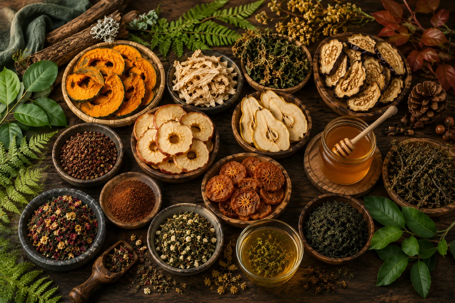 Assortment of Bhutanese dehydrated fruits, vegetables, herbs and tea