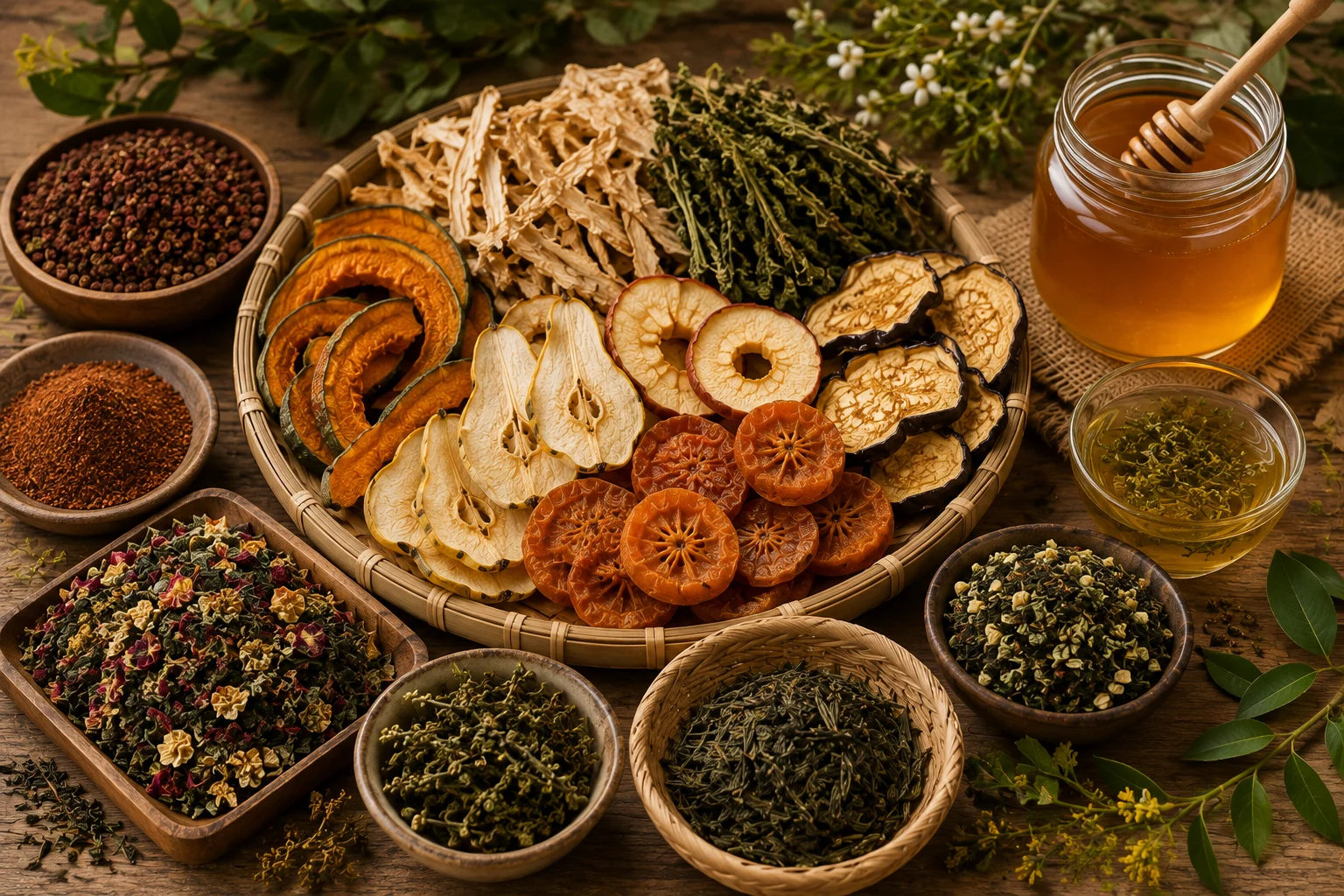 Assortment of Bhutanese dehydrated fruits, vegetables, herbs and tea