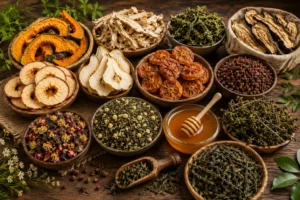 Assortment of Bhutanese dehydrated fruits, vegetables, herbs and tea