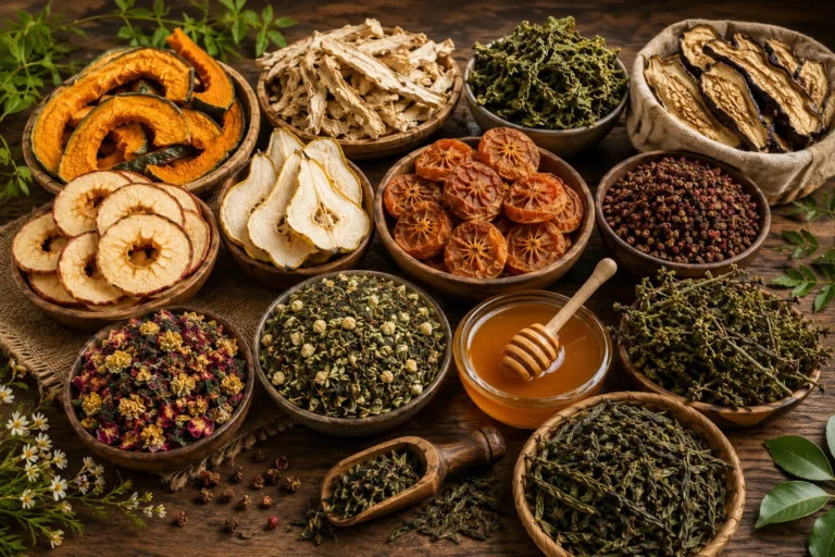 Assortment of Bhutanese dehydrated fruits, vegetables, herbs and tea