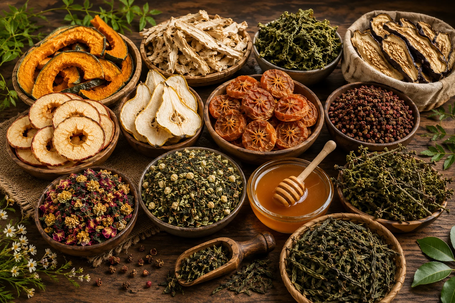 Assortment of Bhutanese dehydrated fruits, vegetables, herbs and tea